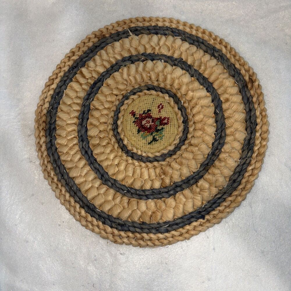 Vintage Woven Straw Trivet with Floral Needlepoint Center